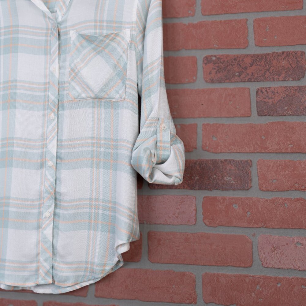 Lightweight Plaid Button-Up Top - Mint Green - Picture 9 of 15